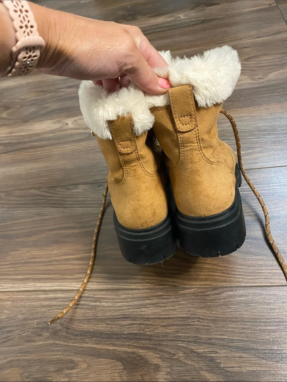 J. Crew Tan Faux-Suede Fold-Over Fur Lace-Up Winter Boots